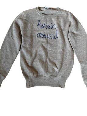 Lingua Franca Cashmere Sweater Embroidered Horsin Around Sz S Camel Brown Tan